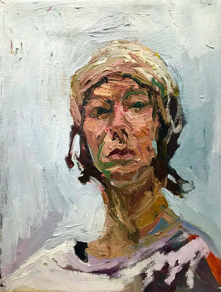 <b>Self Portrait with Hat (2022)</b><br />12x9"<br />Oil on canvas