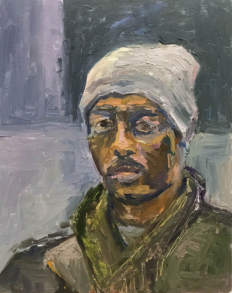 <b>Subway Singer  (2019)</b><br />14x11"<br />Oil on wood panel