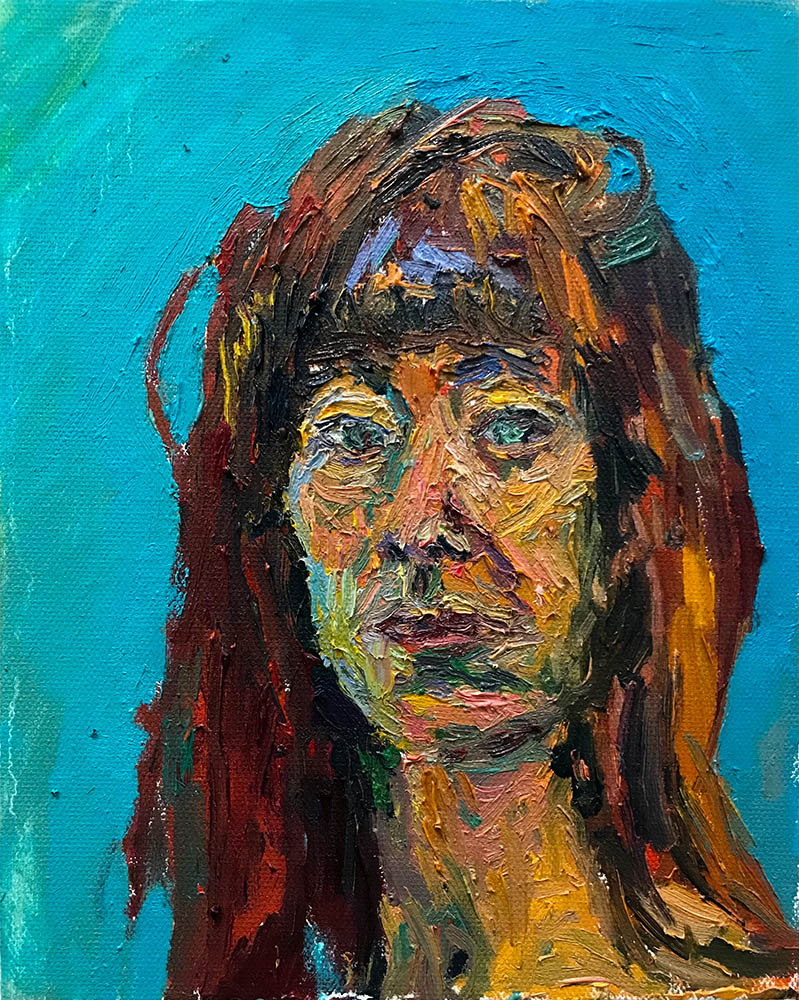 <b>Self Portrait Back on Meds (2021)</b><br />10x8" <br />Oil on canvas