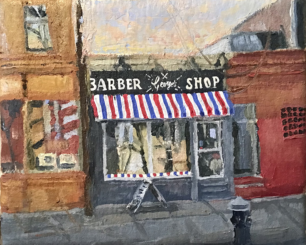<b>Greenpoint Barber (2023)</b><br />8x10"<br />Oil on canvas