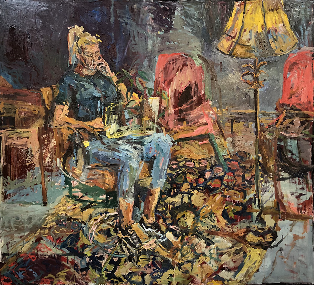 <b>Working From Home (2021)</b><br />53x55"<br />Oil on canvas