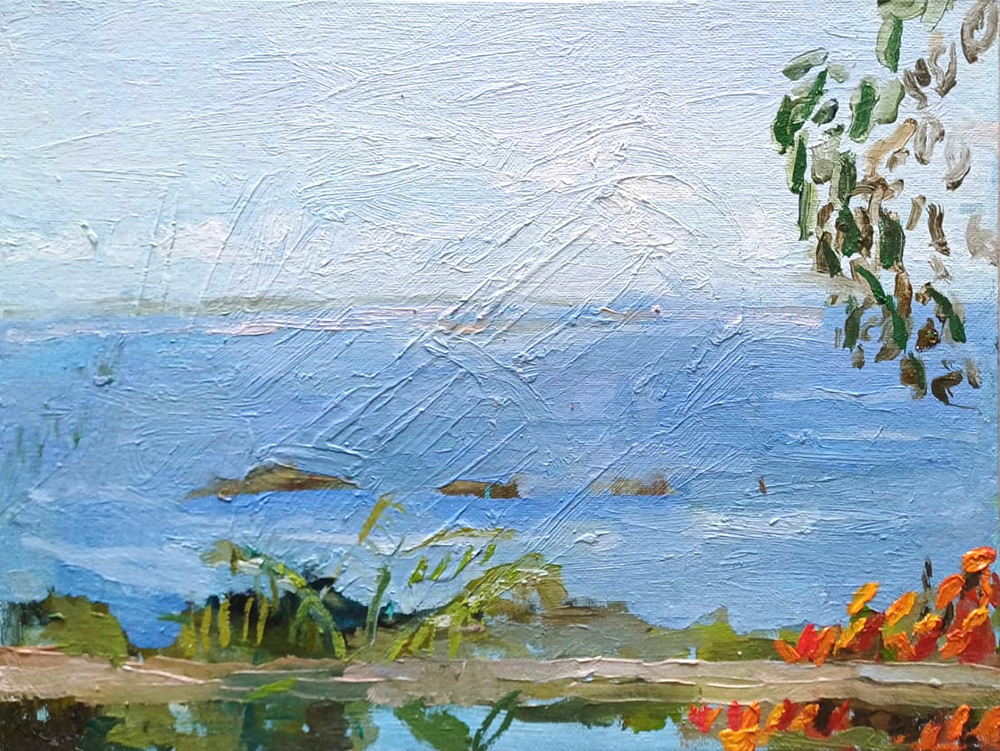 <b>Vue de la terrasse, St Barth (2024)</b><br />9x12"<br />Oil on panel